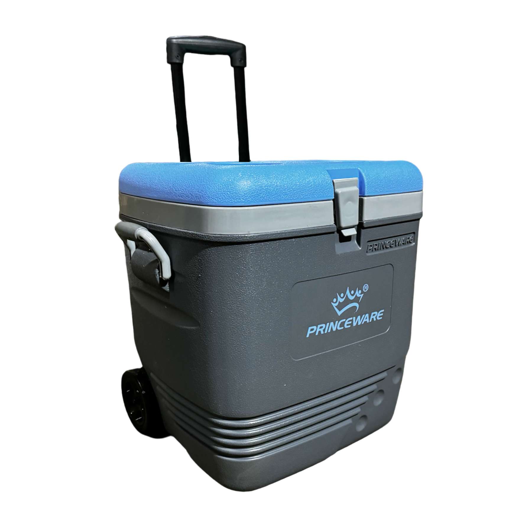 hielera con rodos gris y celeste