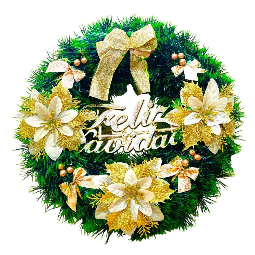 corona navideña con flores Doradas
